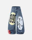 blue 1990 graphic print barrel jeans front view