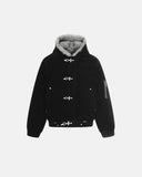 black hooded faux fur lined clasp bomber jacket front view