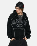 upper body view of black graphic zip up hoodie