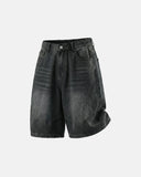 mens denim shorts with curved seam construction and faded wash