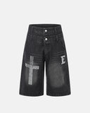 rhinestone cross denim jorts front view