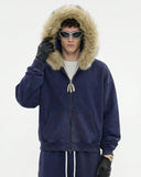 Faux Fur Collar Distressed Zip Up Hoodies | Inflation Streetwear INFLATION