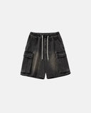 mens loose fit denim shorts with cargo pockets and elastic waistband