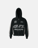front product view of black graphic boxy zip up hoodie