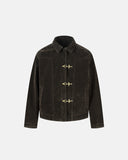 brown suede metal clasp boxy jacket front view