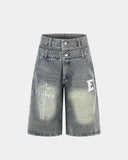 double waistband baggy denim shorts streetwear