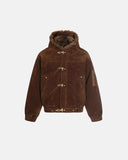 brown faux fur lined clasp bomber jacket with metal closures