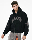 black washed zip up hoodie with suede sleeve applique graphics