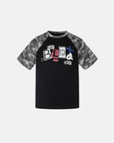 black camo raglan sleeve graphic t shirt front view