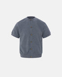 front view of grey short sleeve button cardigan