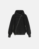 black acid washed hoodie with diagonal zipper