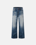 close up of denim whisker fade texture detail