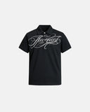 black polo t shirt with white script embroidery front view