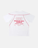 Close-up of micro-vent panel and contrast stitching on technical tee