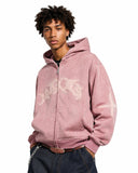 pink boxy zip hoodie with suede logo detail and full zip closure