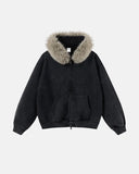 washed boxy zip up hoodie with faux fur trim hood