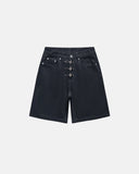light wash denim jorts with buckle detail