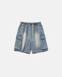 washed denim cargo shorts with drawstring waist and large side pockets