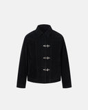 black suede metal clasp boxy jacket front view