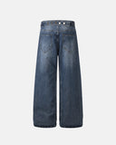 washed blue textured denim jeans with back waist detail