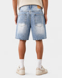 mid length ripped denim shorts above knee fit
