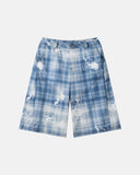 mens tencel washed plaid print longline shorts