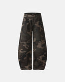 dark camouflage barrel jeans with baggy curved-leg fit