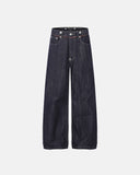 dark indigo raw baggy jeans front view