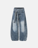 belted bamboo weave barrel jeans front view