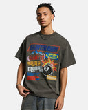 model upper body view wearing dark olive graphic streetwear tee