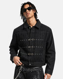 washed black denim jacket with rivet and pleated panel details