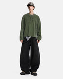 full body outfit with olive boxy long sleeve tee and wide leg pants