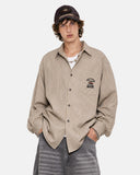 on-body view khaki striped long sleeve shirt