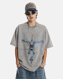 model wearing grey washed knight graphic oversized t shirt