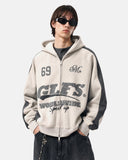 upper body model wearing cream faux suede graphic hoodie