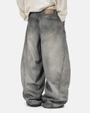 on-body back view of acid wash barrel jeans
