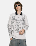 model wearing grey waffle graphic layered polo shirt