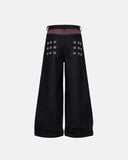 Plaid patchwork metal eyelet baggy jeans back view
