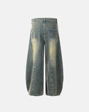 dirty blue curved seam barrel jeans product back view