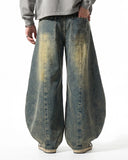dirty blue washed barrel jeans on-body front view
