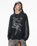 model upper body wearing music graphic long sleeve t shirt