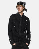 model wearing black cropped denim jacket upper-body front view