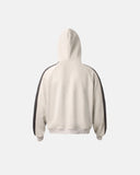 back product view of cream contrast panel zip hoodie