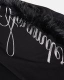  script graphic and faux fur trim detail