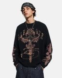 model upper body wearing black gothic graphic waffle t shirt