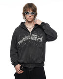upper body model wearing washed rhinestone graphic zip up hoodie