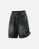 mens denim shorts with curved seam construction and faded wash