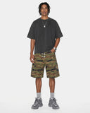 camo shorts with buckle front closure