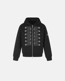 black boxy zip up hoodie with white braided embroidery