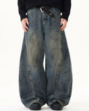 vintage washed deconstructed barrel jeans front view